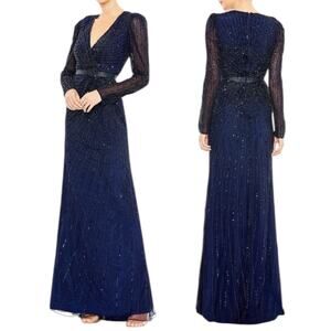 Mac Duggal Sequined Wrap Over Long Sleeve Gown Midnight Blue Size 8